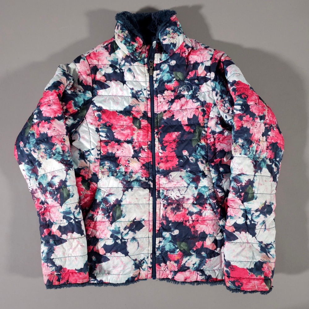 The North Face Reversible Jacket Girls L Floral Navy Blue Puffer Fleece Coat